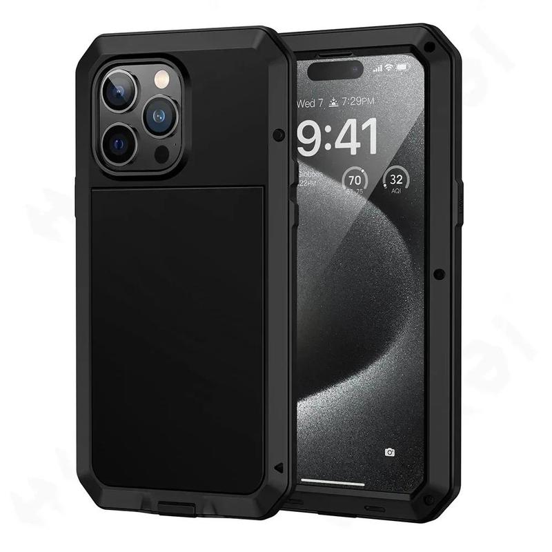 For iPhone 16 15 14 13 12 11 Pro Max X XR 8 7 Plus Aluminum Metal Tank Case Heavy Duty Shockproof Rugged Armor Cover Screen Film