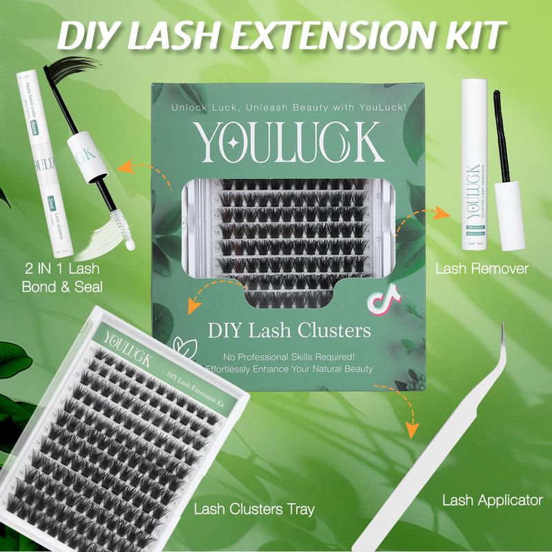 YOULUCK DIY Lash Clusters Waterproof Long-Lasting Fluffy and Weightless look Individual Eyelash Extensions with Ultra-Thin Band Bond & Sea l& Remover Makeup For Girls Beginner Friendly
