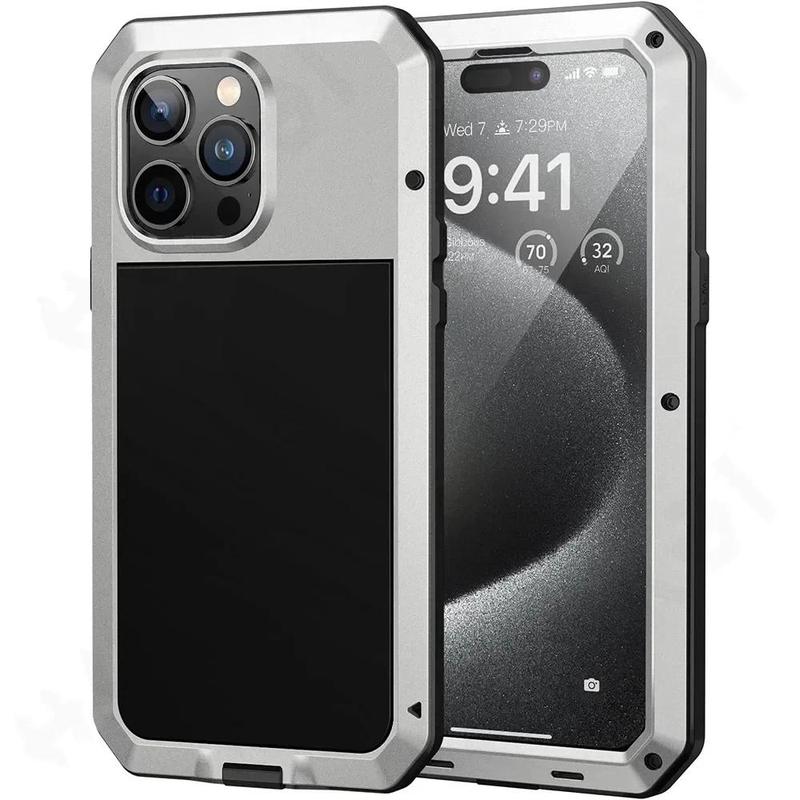 For iPhone 16 15 14 13 12 11 Pro Max X XR 8 7 Plus Aluminum Metal Tank Case Heavy Duty Shockproof Rugged Armor Cover Screen Film