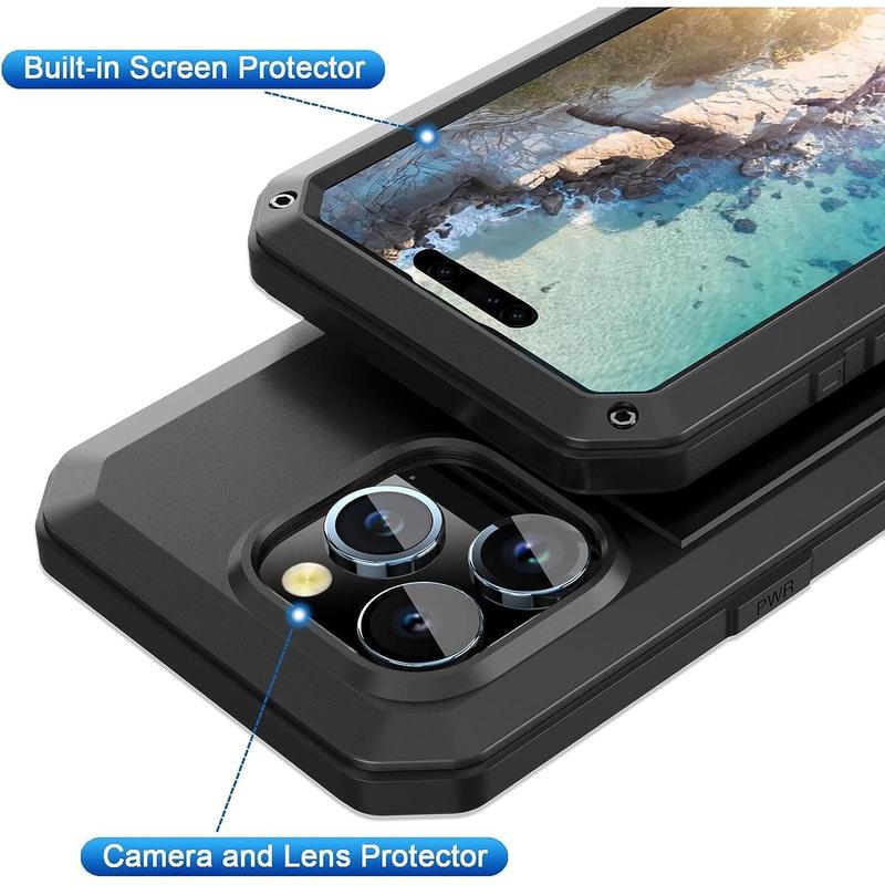 For iPhone 16 15 14 13 12 11 Pro Max X XR 8 7 Plus Aluminum Metal Tank Case Heavy Duty Shockproof Rugged Armor Cover Screen Film