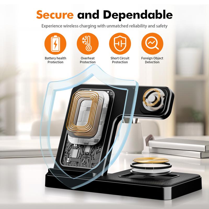 Portable 3 In 1 Fast Wireless Charger, 15W Mag-Safe Foldable Wireless Charging Station Suitable For iPhone 15 14 Pro Max 13 12 11, For iWatch 9 8 7 6 5 4 3 2 Se, For Airpods 3 2 Pro Multiple Devices，Wireless charger for Android phones