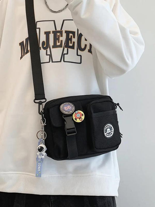 Unisex Summer Casual Plain Color Release Buckle Crossbody Bag with Astronaut Charm, Y2k Fashionable Versatile Zipper Work Crossbody Bag for Women with Random Color Badge, Trendy Shoulder Bag for Daily Use
