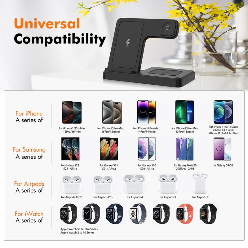 Portable 3 In 1 Fast Wireless Charger, 15W Mag-Safe Foldable Wireless Charging Station Suitable For iPhone 15 14 Pro Max 13 12 11, For iWatch 9 8 7 6 5 4 3 2 Se, For Airpods 3 2 Pro Multiple Devices，Wireless charger for Android phones