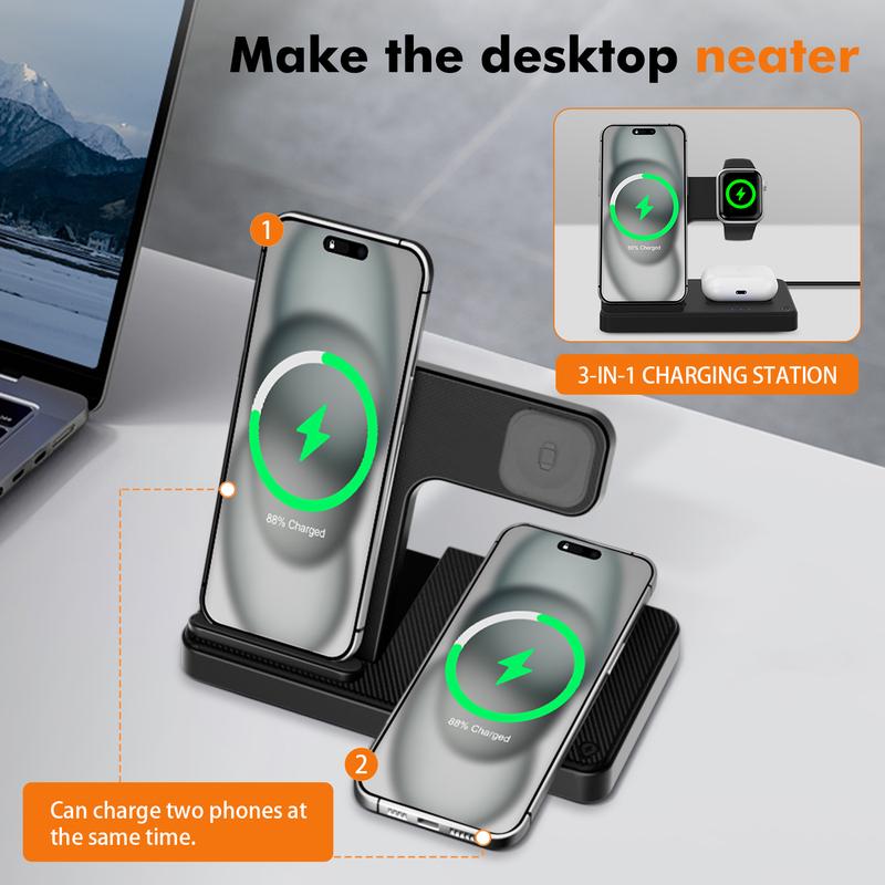 Portable 3 In 1 Fast Wireless Charger, 15W Mag-Safe Foldable Wireless Charging Station Suitable For iPhone 15 14 Pro Max 13 12 11, For iWatch 9 8 7 6 5 4 3 2 Se, For Airpods 3 2 Pro Multiple Devices，Wireless charger for Android phones
