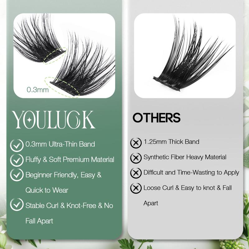 YOULUCK DIY Lash Clusters Waterproof Long-Lasting Fluffy and Weightless look Individual Eyelash Extensions with Ultra-Thin Band Bond & Sea l& Remover Makeup For Girls Beginner Friendly