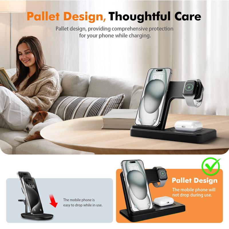 Portable 3 In 1 Fast Wireless Charger, 15W Mag-Safe Foldable Wireless Charging Station Suitable For iPhone 15 14 Pro Max 13 12 11, For iWatch 9 8 7 6 5 4 3 2 Se, For Airpods 3 2 Pro Multiple Devices，Wireless charger for Android phones