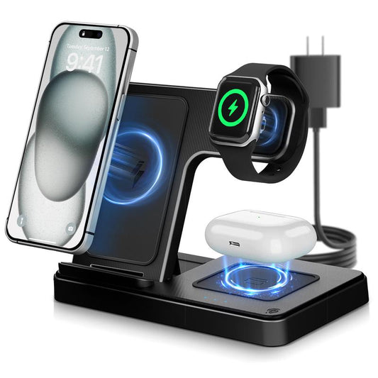 Portable 3 In 1 Fast Wireless Charger, 15W Mag-Safe Foldable Wireless Charging Station Suitable For iPhone 15 14 Pro Max 13 12 11, For iWatch 9 8 7 6 5 4 3 2 Se, For Airpods 3 2 Pro Multiple Devices，Wireless charger for Android phones