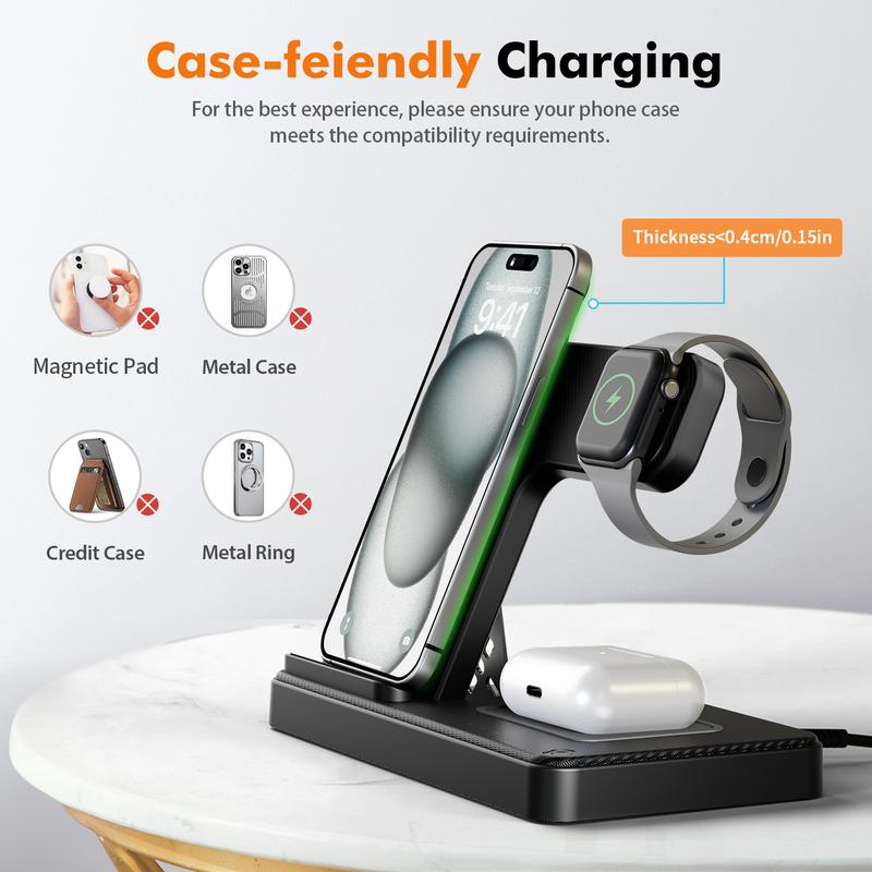 Portable 3 In 1 Fast Wireless Charger, 15W Mag-Safe Foldable Wireless Charging Station Suitable For iPhone 15 14 Pro Max 13 12 11, For iWatch 9 8 7 6 5 4 3 2 Se, For Airpods 3 2 Pro Multiple Devices，Wireless charger for Android phones