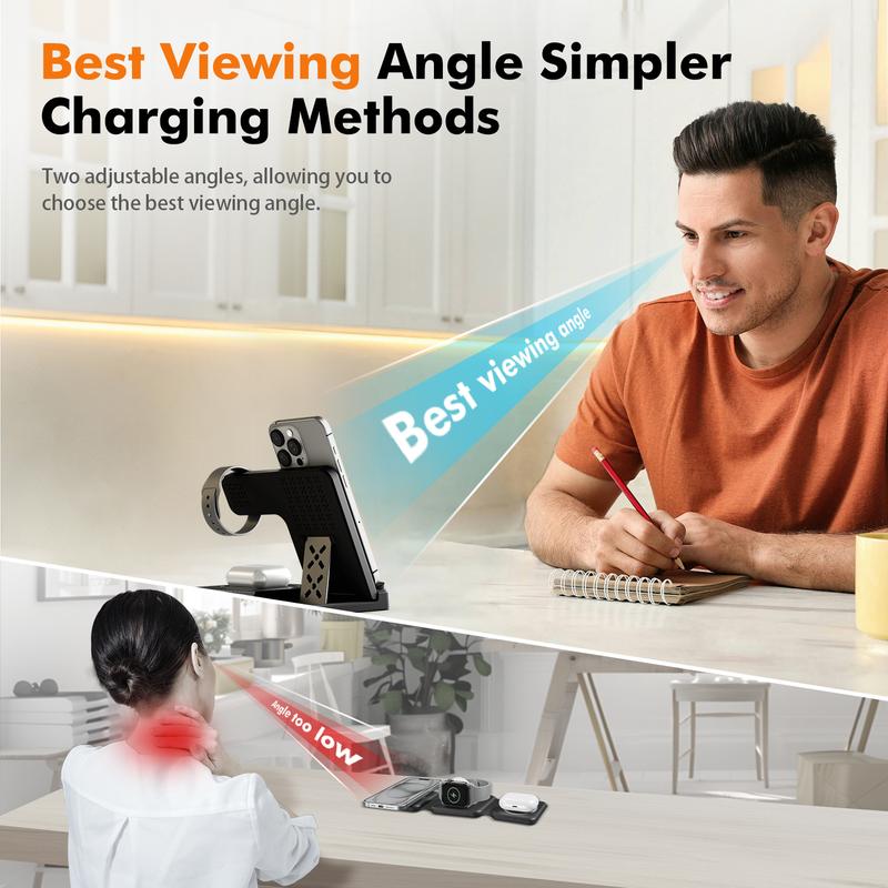 Portable 3 In 1 Fast Wireless Charger, 15W Mag-Safe Foldable Wireless Charging Station Suitable For iPhone 15 14 Pro Max 13 12 11, For iWatch 9 8 7 6 5 4 3 2 Se, For Airpods 3 2 Pro Multiple Devices，Wireless charger for Android phones